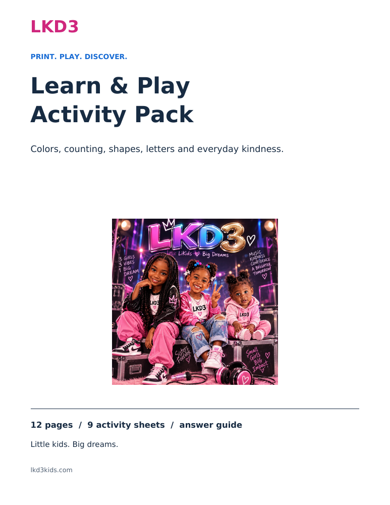 Learn & Play Activity Pack cover featuring the LKD3 sisters